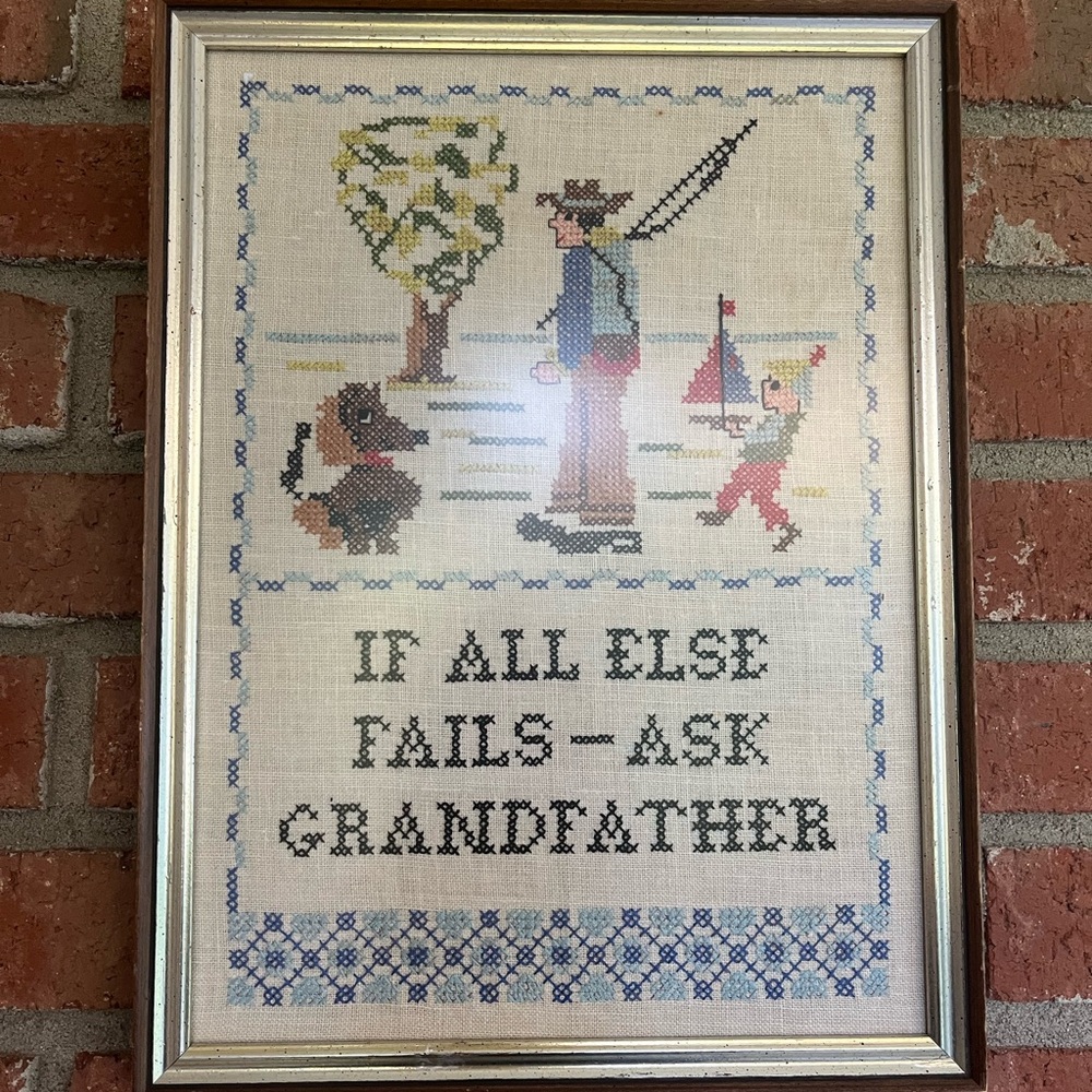 Vintage Cross-Stitch Framed Art with Grandfather Theme Gift Christmas son Father